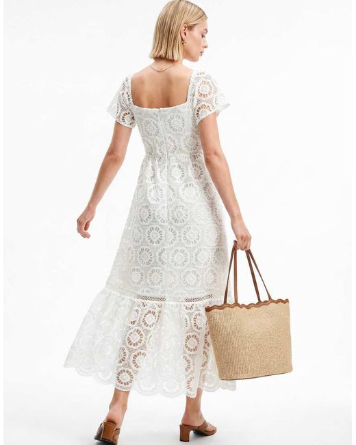 Lovedrobe White Floral Lace Square Neck Short Sleeve Midaxi Dress