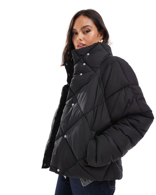 Miss Selfridge Black Oversized Quilted Funnel Neck Crop Puffer Jacket