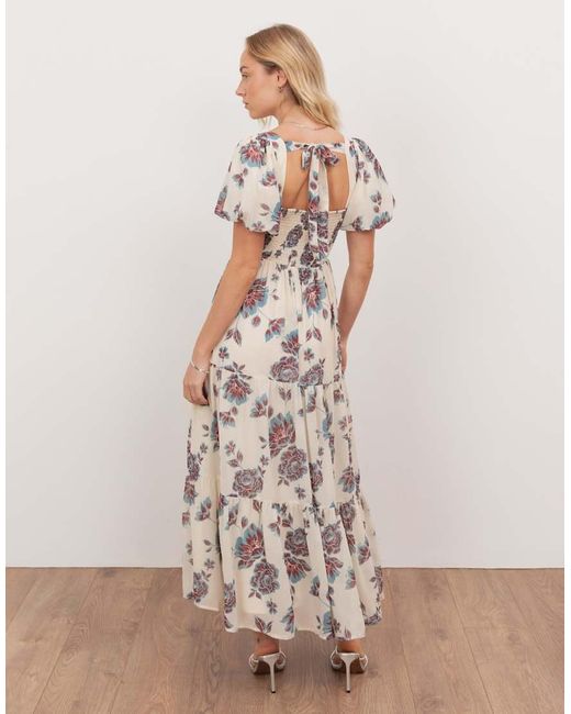 ANAYA Natural Floral Sweetheart Neck Puff Sleeve Midaxi Dress