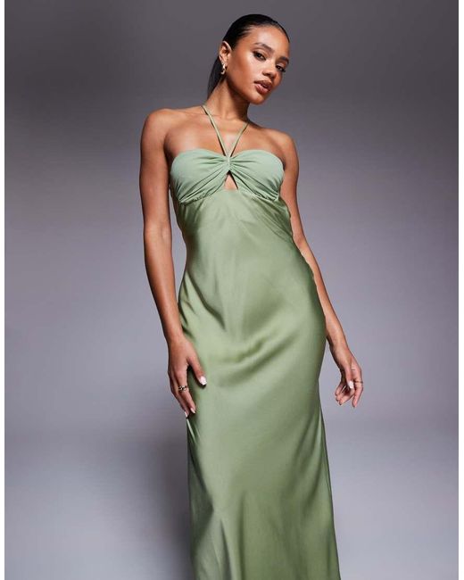 ASOS Green Satin Strappy Halter Maxi Dress With Contrast Bust