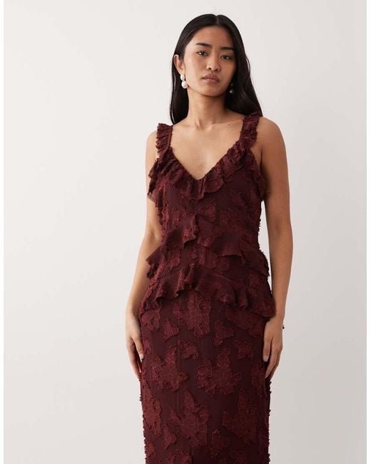 Pretty Lavish Red Devore Frill Detail Cami Maxi Dress
