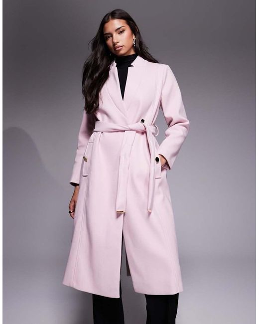 River Island Pink Notch Belted Wrap Coat