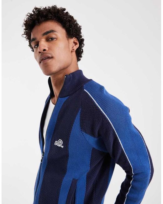 Pompeii UK Blue Pompeii Striped Knitted Zip Up Tracksuit Jacket for men