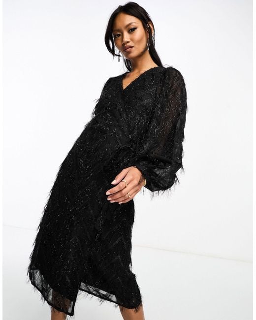 Vila Black Fluffy Textured Wrap Midi Dress