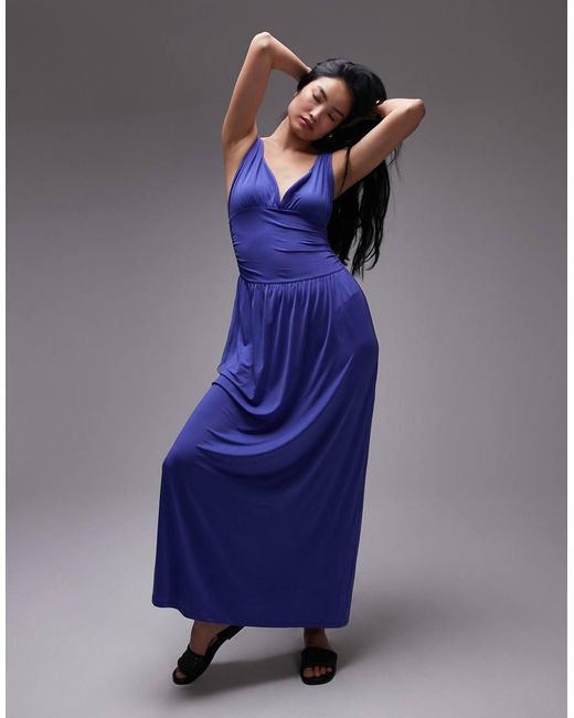 TOPSHOP Blue Ruched Waist Cami Maxi Dress