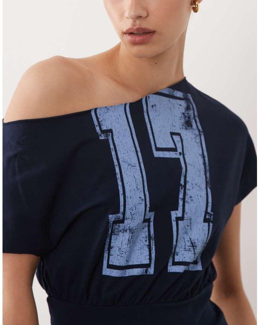 ASOS Blue Off Shoulder Cinched Waist T-shirt With Varsity Number Graphic