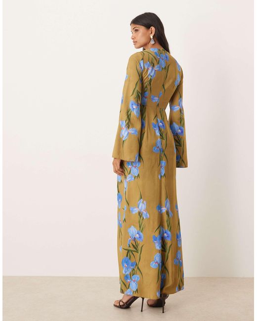 ASOS Long Sleeve Maxi Dress With Ruffle Skirt in Natural | Lyst