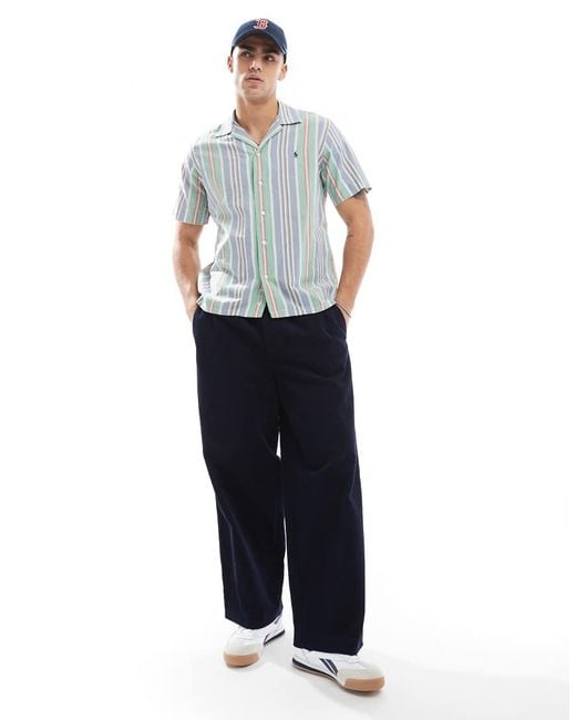 Polo Ralph Lauren Blue Short Sleeve Icon Logo Multi Stripe Shirt Classic Oversized Fit for men
