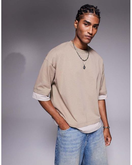 Camiseta Beis De Corte Cuadrado Extragrande Con Ribetes En Contraste De Tejido Grueso De -Neutro ASOS de hombre de color Natural