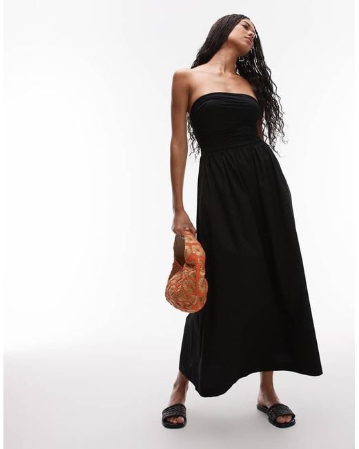 TOPSHOP Black Bandeau Poplin Mix Maxi Dress