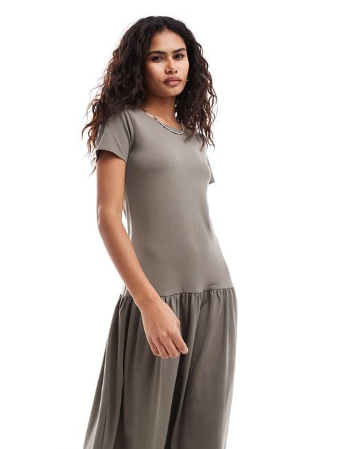 Monki Gray Short Sleeve Open Neck Midi Soft Jersey Dress With Dropped Waist
