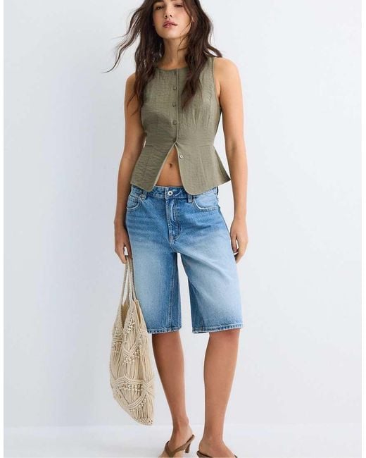 Stradivarius Blue Sleeveless Buttoned Top