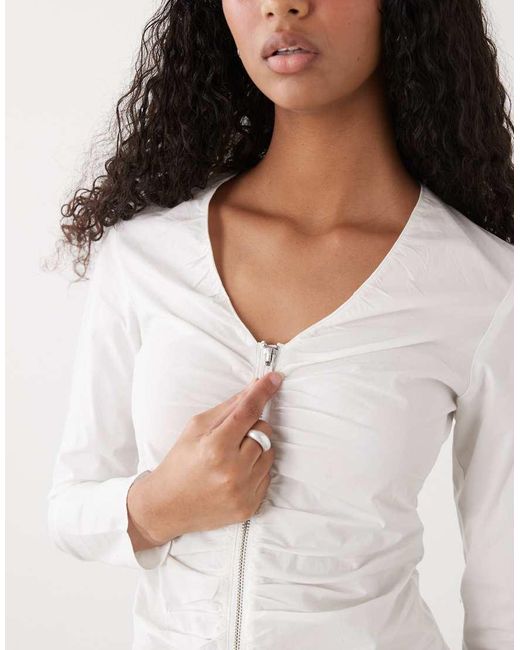Weekday White Long Sleeve Zip Blouse With Gathered Detail