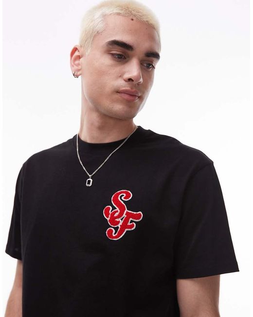 Camiseta Negra Extragrande Con Bordado De Letra De Chenilla De Tejido Grueso De Topman de hombre de color Black