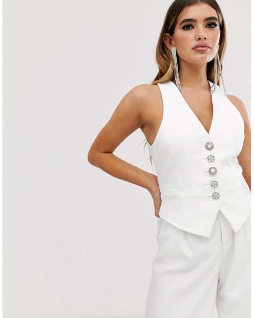 River Island White Waistcoat With Diamante Buttons
