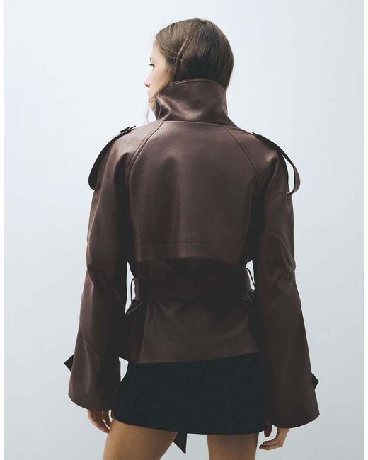 Bershka Black Short Leather Effect Trench Coat