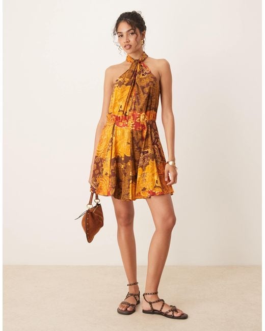 ASOS Women's Natural Halterneck Mixed Print Mini Dress
