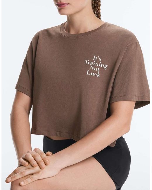 Oysho Brown Boxy Cropped Cotton Blend Slogan T-shirt