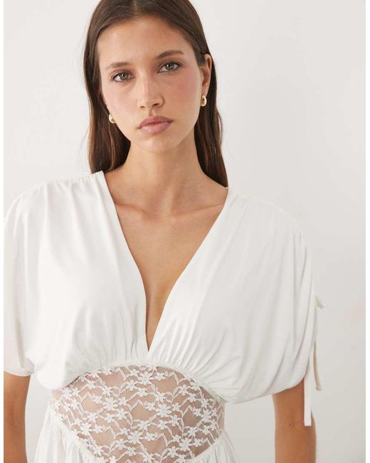 Miss Selfridge White V-Neck Gathered Top With Lace Waist Trim