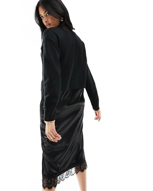 New Look Black Knitted Top And Satin Skirt 2