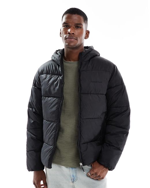 Jack & Jones Black Hooded Puffer Jacket With Sheen for men