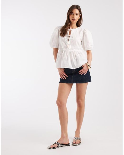 Pieces White Poplin Tie Front Puff Sleeve Top