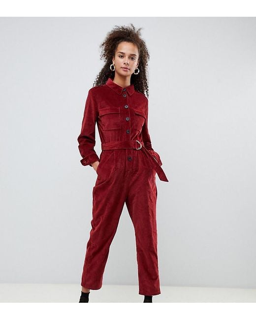 Bershka Corduroy Utility Jumpsuit in het Red