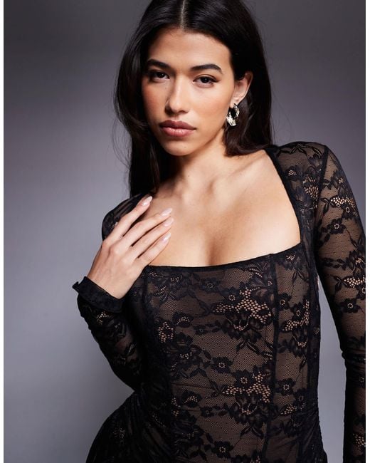 Murci Square Neck Long Sleeve Gathered Ruffle Hem Lace Mini Dress in Black  | Lyst