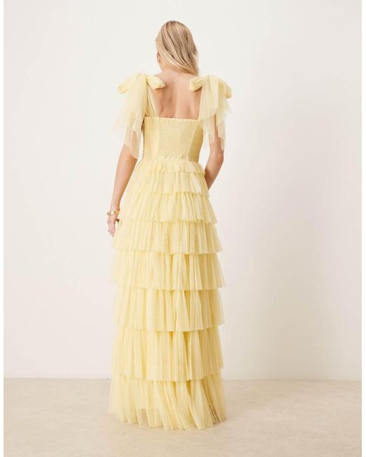 LACE & BEADS Natural Bridesmaid Bow Shoulder Tulle Maxi Dress