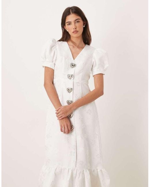 Sister Jane Natural Carnival Exclusive Bridal Puff Sleeve Heart Button Up Midi Dress