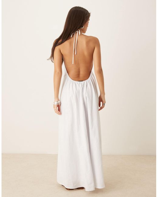 SNDY'S Natural Poplin Linen Blend Halterneck Open Back Maxi Dress