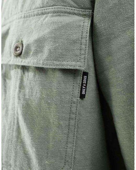 Only & Sons Green Pocket Detail Linen Mix Overshirt for men