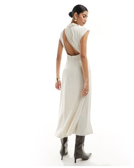 ASOS White Linen High Neck Grown On Sleeve Midi Dress With Open Back And Button Neck Detail