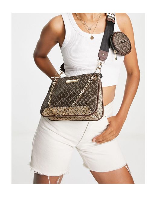 River Island Brown Monogram Pouchette Shopper Bag With Chain