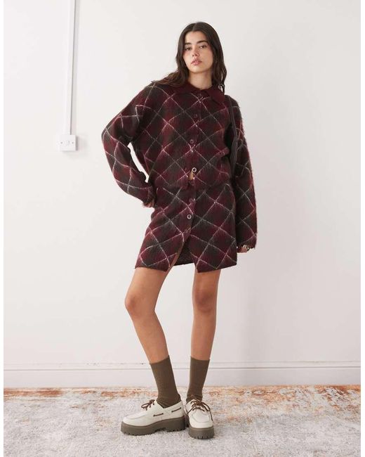 The Ragged Priest Red Argyle Button Up Mini Skirt