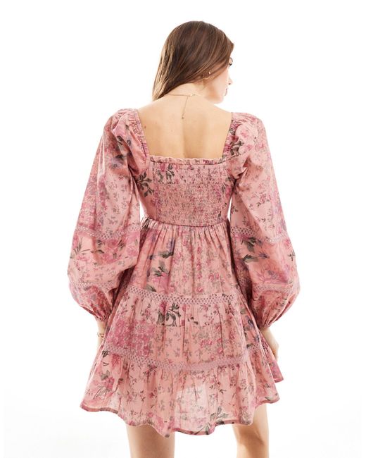 Miss Selfridge Pink – gestuftes mini-westernkleid aus baumwolle mit spitzeneinsatz und patchwork-blumenmuster