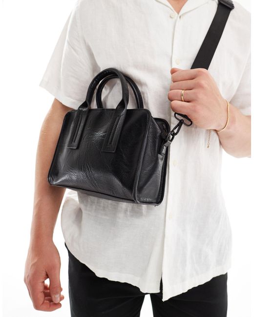 ASOS Gray Faux Leather Cross Body Tote Bag With Top Handle And Detachable Strap for men