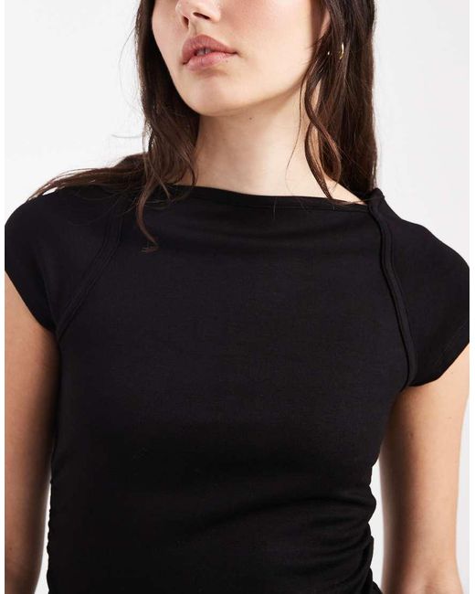 ASOS Black Ribbed Boat Neck T-shirt With Ruched Waist
