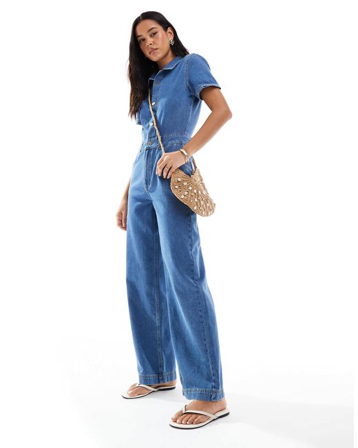 Miss Selfridge Blue – kurzärmliger jeans-jumpsuit