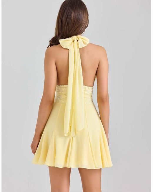 House Of Cb Yellow Ailani Butter Georgette Halter Neck Mini Dress