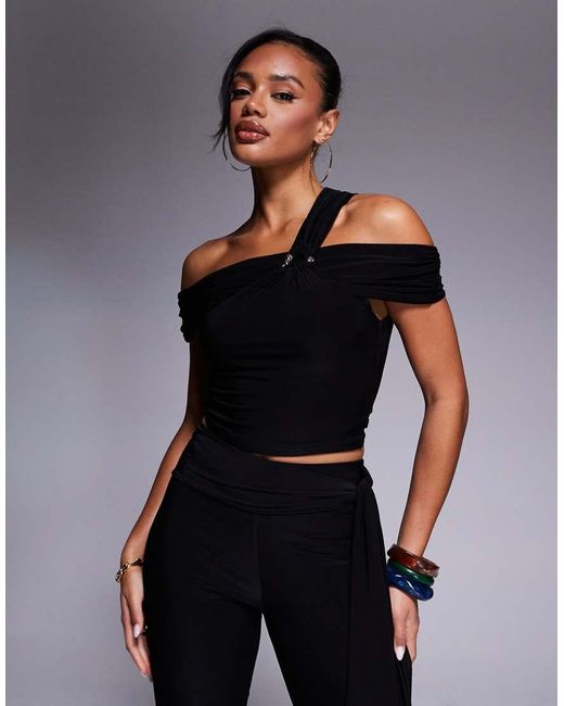 Kaiia Blue Exclusive Double Layered Slinky Asymmetric One Shoulder Gold Hardware Detail Top Co-ord