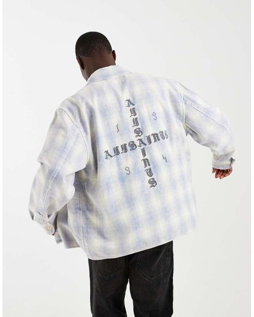 AllSaints White Santos Long Sleeve Check Shirt With Back Embroidery for men