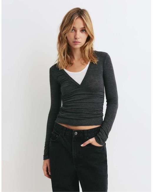 Pull&Bear Gray Double V-Neck T-Shirt
