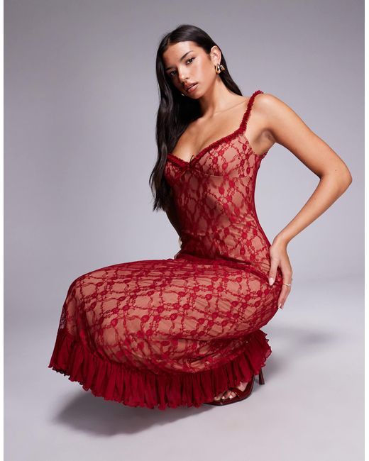 Tiger Mist Deja 90s Lace Ruffle Trim Bow Detail Midi Dress in Red | Lyst