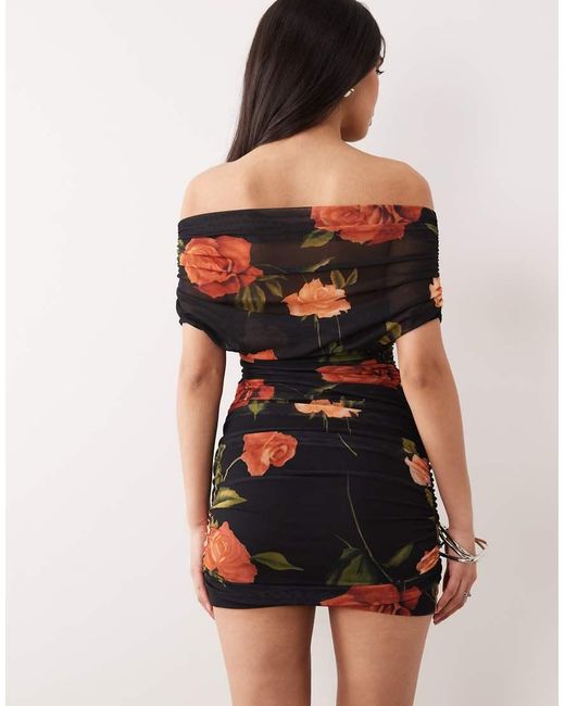 ASOS Black Draped Shoulder Mesh Mini Dress With Ruching
