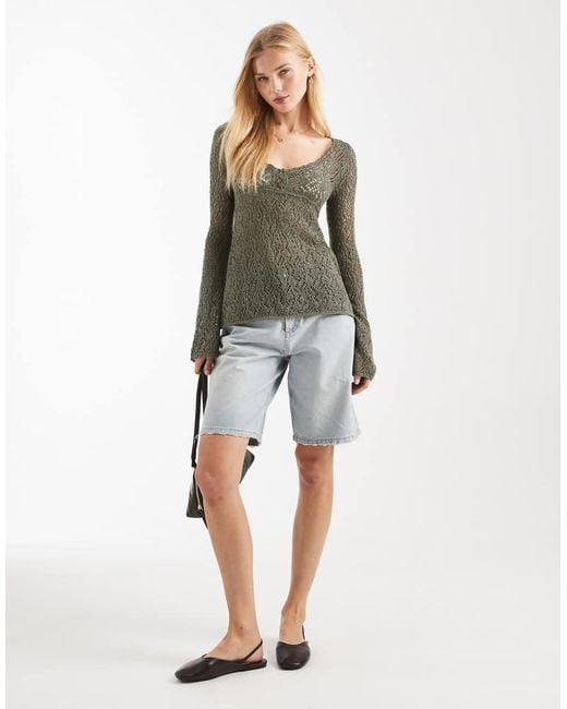 Hollister Gray Long Sleeve Boho Babydoll Top