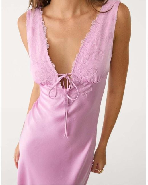 Stradivarius Pink Satin And Lace Midi Dress