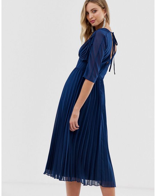 navy pleated midi dress