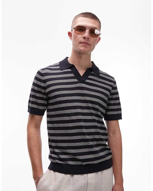 ARKET Black Cotton Linen Knitted Shirt Sleeve Polo Shirt for men