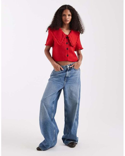 River Island Blue Oversized Collar Detailing Bouclé Top